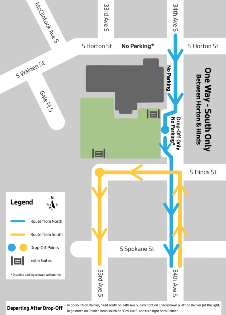 Map of traffic flow plan for cars and pedestrians during student drop-off and pick-up