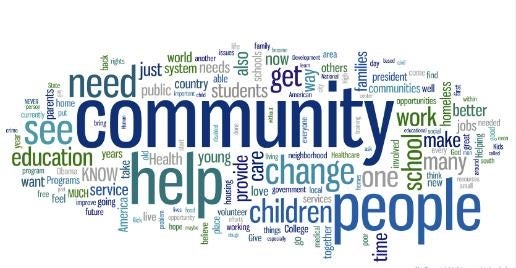 word cloud with words like community, help, people, education, change, health, care, see, service